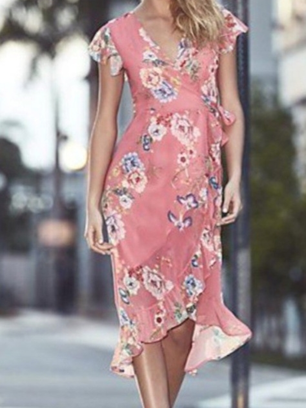 New York & Company Coral Floral Wrap Midi Dress